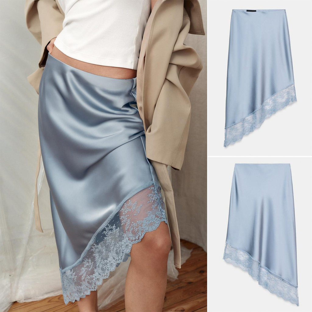Spring Women's Mid-Waist Silk Satin Lace Asymmetrical Hem Skirt