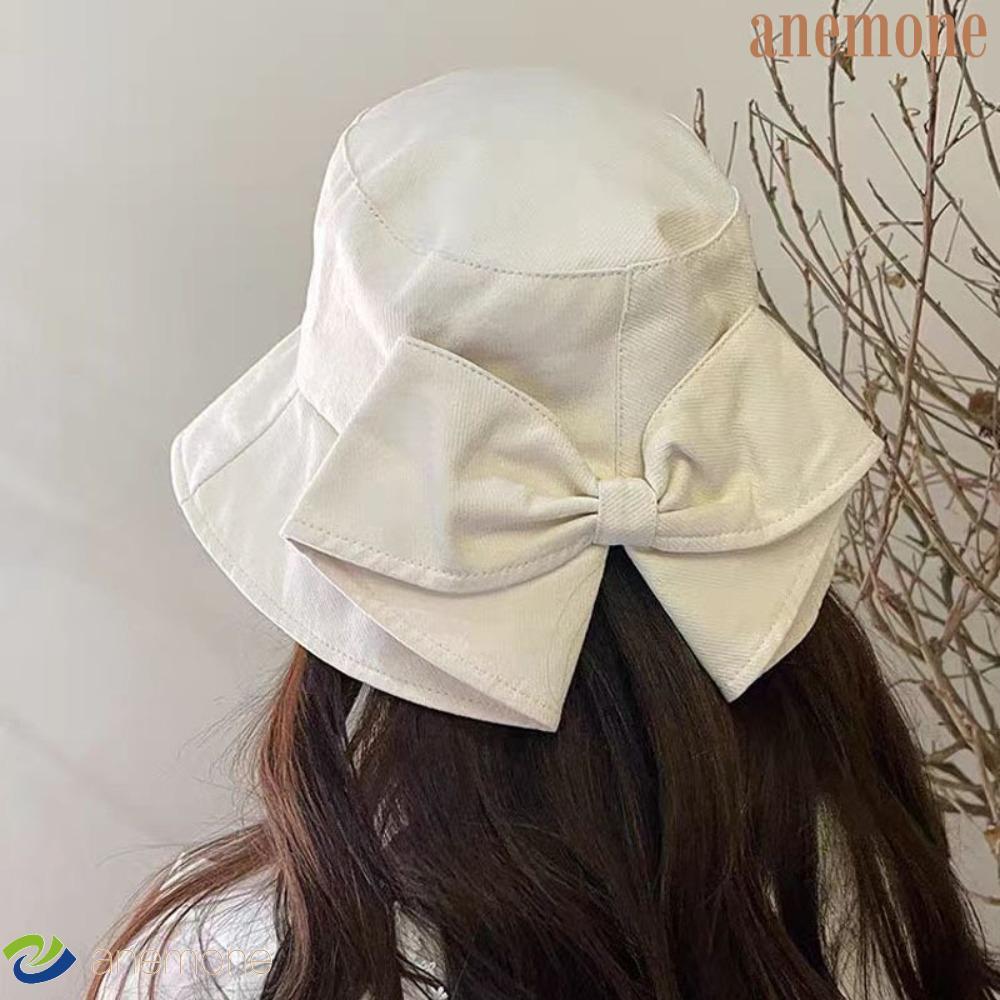 ANEMONE Bow Bucket Hat, Cotton Sunscreen Wide Brim Cap, Elegant Sunshade Visor Hat Soft UV Protection Sun Hat Beach