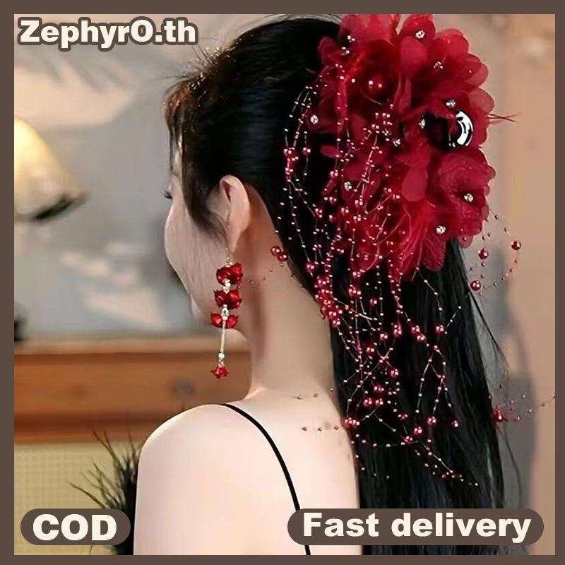 null Women Luxury Mesh Flower Pearls sels Hair Clips Female Fluffy Shark Hair Claws Hair Accessories Headdress null