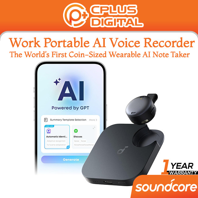Soundcore Work Portable AI Voice Recorder, AI Note Taker, AI Transcription & Summarization,Cross-Meeting Summary