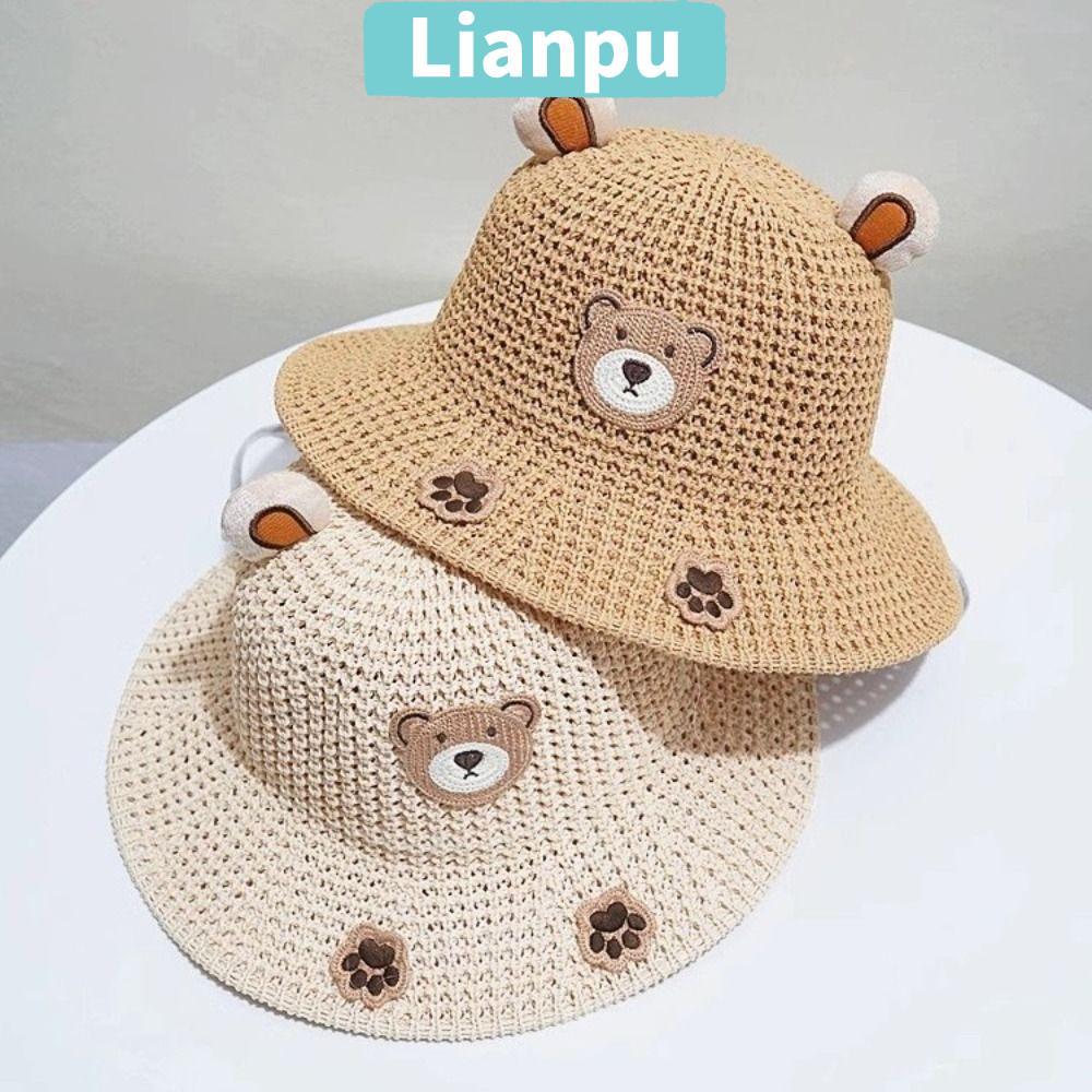 LIANPU Children Sun Hats, Cartoon Bear Sunshade Vacation Straw Hat, Retro Pastoral Style With Lacing Sunscreen Fisherman's Hat Girls And Boys