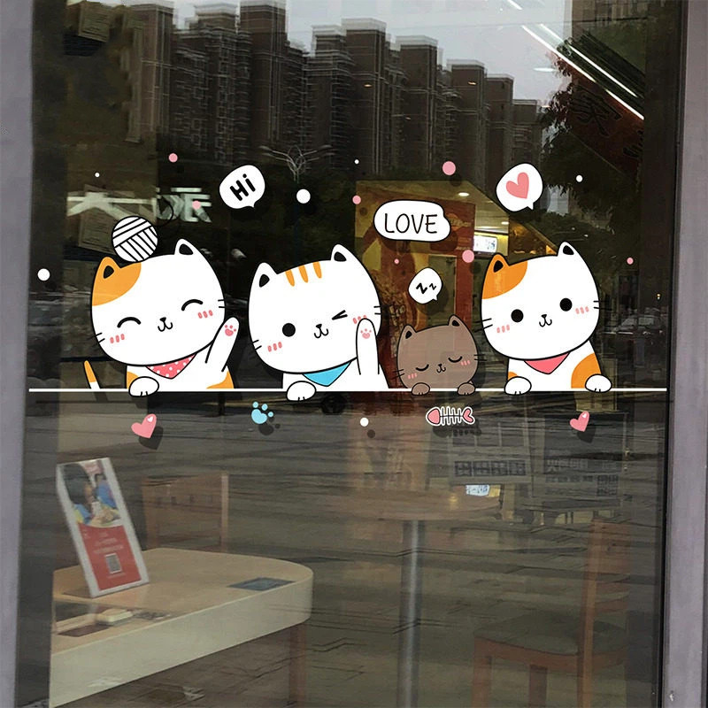 Cartoon Kittens and Puppies Kitchen Glass Door Decoration Stickers Shop Window Prompts Anti-collision Static Stickers