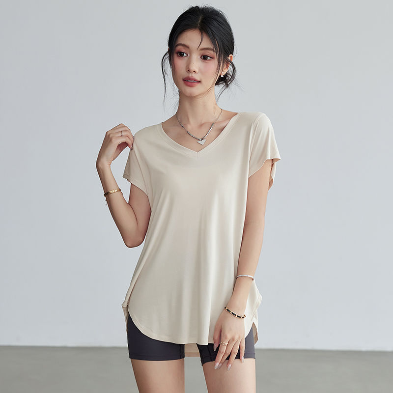 中长款短袖速干瑜伽上衣普拉提罩衫宽松显瘦健身服女跑步运动3.26Mid-length Short-sleeved Quick-dry Yoga Top, Pilates Cover-up, Loose-fitting Slimming Fitness Clothing for Women, Suitab