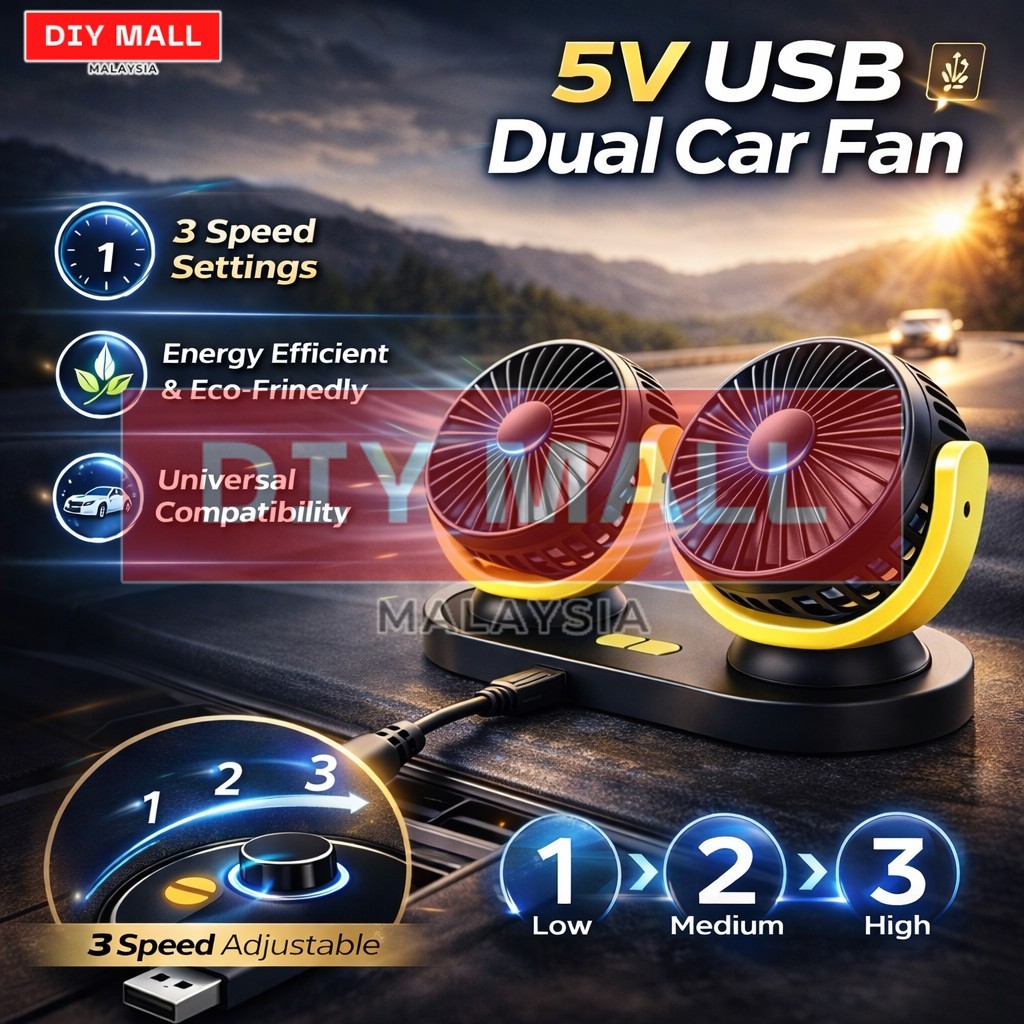 DIYMALL USB Dual Head Car Fan Truck Fan Air Conditioning 3 Speed360°Rotating Silent USB Mini Car Fan 汽车风扇 USB风扇