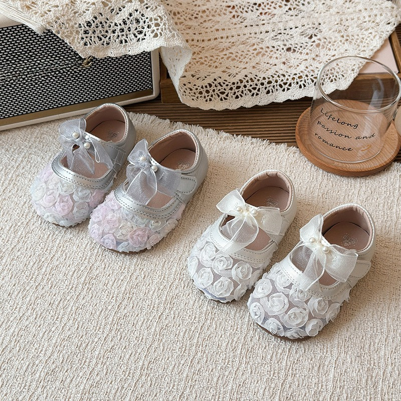 Girls Princess Mary Jane Shoes Lace Floral Children Flats Leather Shoes with Bow Pearls Fashion Kids Wedding Dress Shoes Sweet