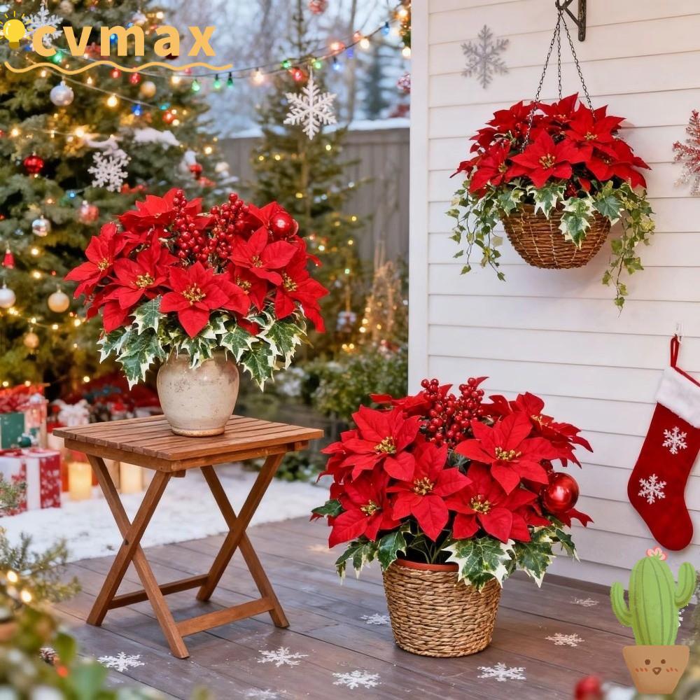 CYMX Artificial Poinsettia Bouquet, 5 Heads Bunch Red Poinsettia Fake Flower Pot Ornament, Christmas Tree Decor Artificial Flowers Realistic Christmas Decoration Christmas Party