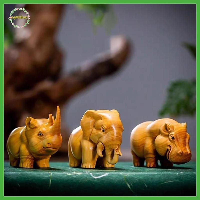 EPMN> 1/3pcsManual Wood Carving Wooden Product Rhino Hippo Elephant Room Home Decor Car Ornaments Decoration Sculptures & Figurines new