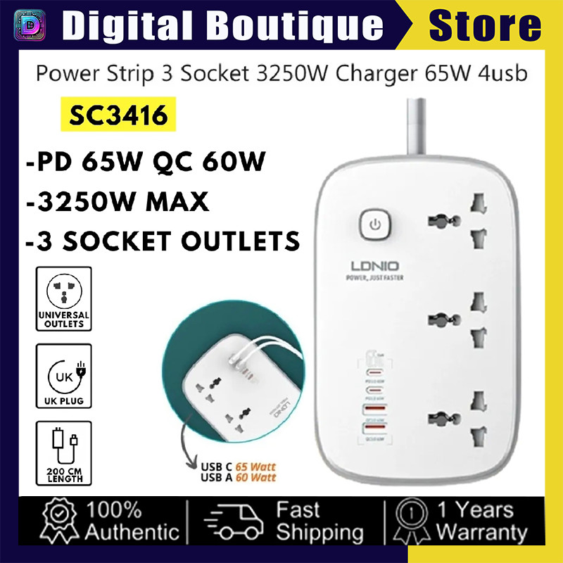 LDNIO SC3416 Universal Socket With 3 AC Outlets With Switch Control Electric Socket Extension With 6 USB For Charge