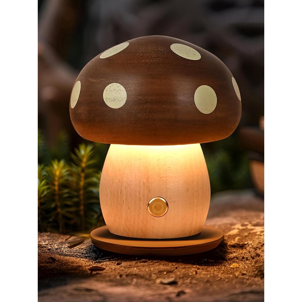 lampu bilik tidur lampu tidur aesthetic Solid Wood Mushroom Lamp Bedside Bedroom Sleep Student Dormitory Charging Night Light Creative Eye Protection Gift LED Table Lamp