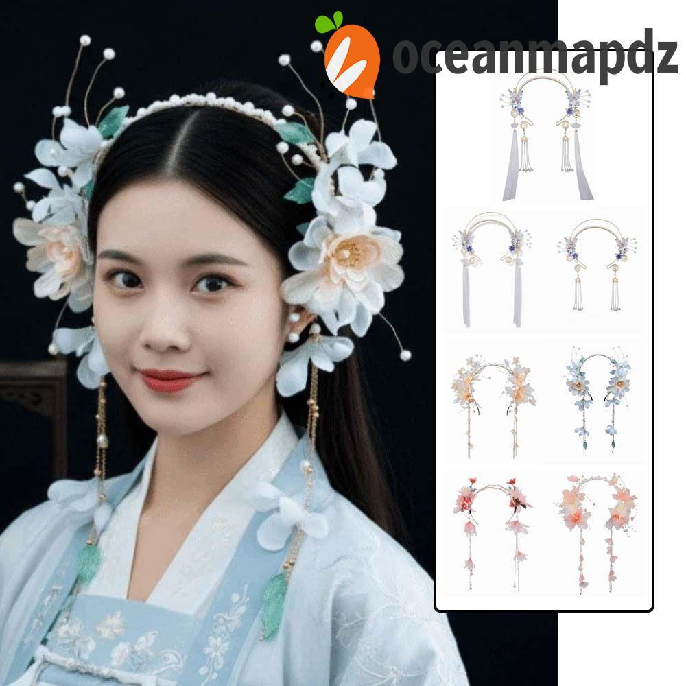 OCEANMAPDZ Hanfu Tassel Hair Hoop, Crystal Flower Chinese Ancient Hairband, Retro Alloy Double-layer Ribbon Swaying Fairy Headwear Betrothal