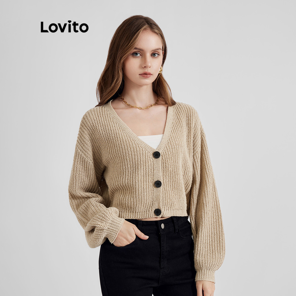 Lovito Casual Cardigans Plain Long Sleeve Button Sweater Knitted Cardigan for Women L21LT091 (Khaki/White)