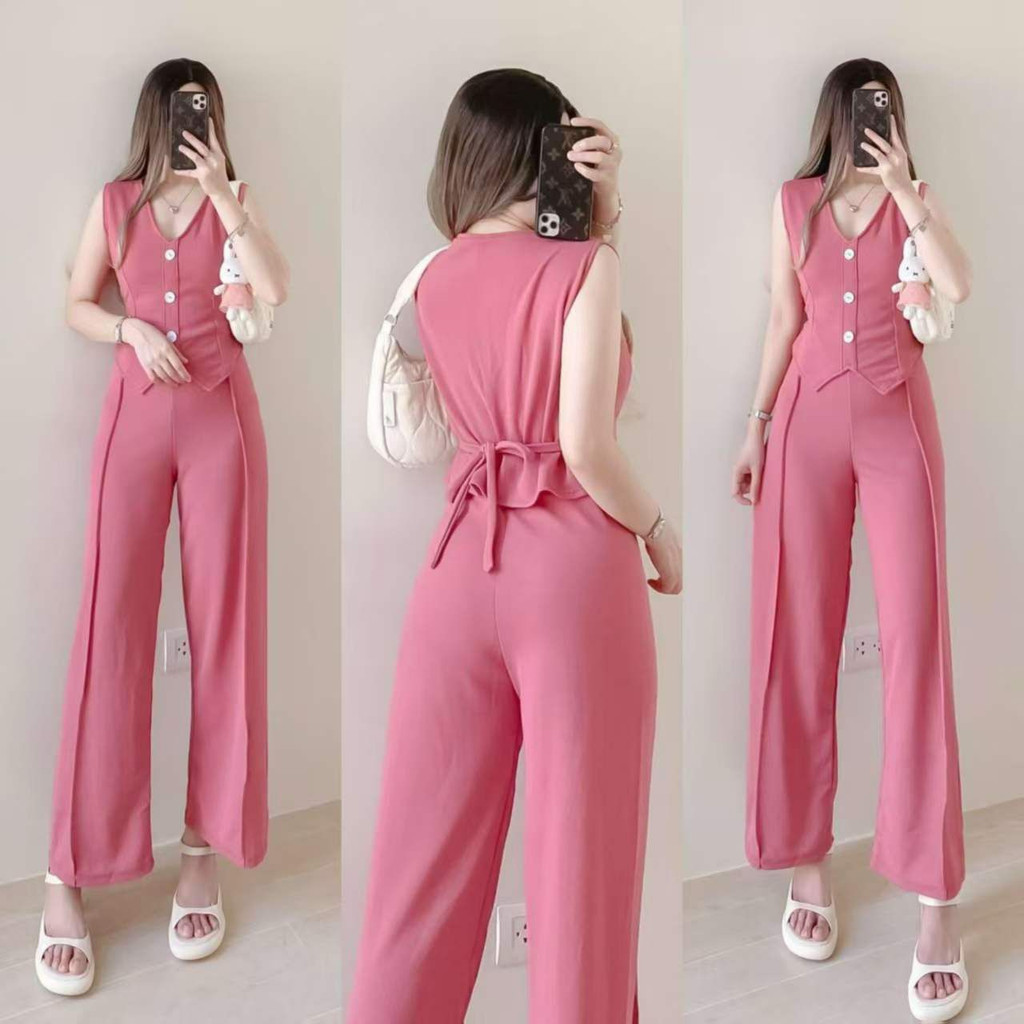 Sleeveless V-Neck Wide Leg Jumpsuit | Women's High Waist Pink One-Piece Outfit Casual Daily & Date Jumpsuit Woman