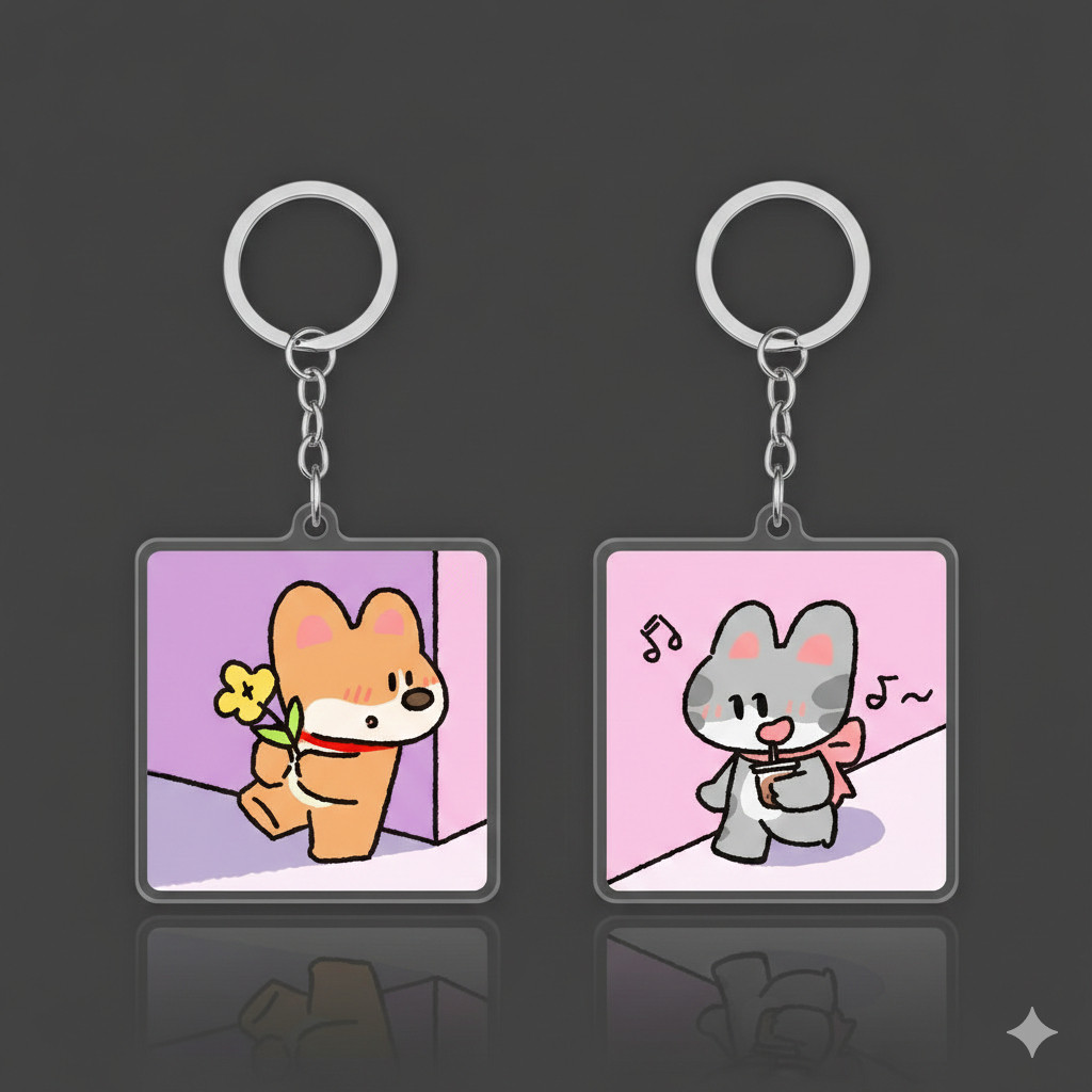 Lovely Shiba Dog and Gray Cat Couple Keychain