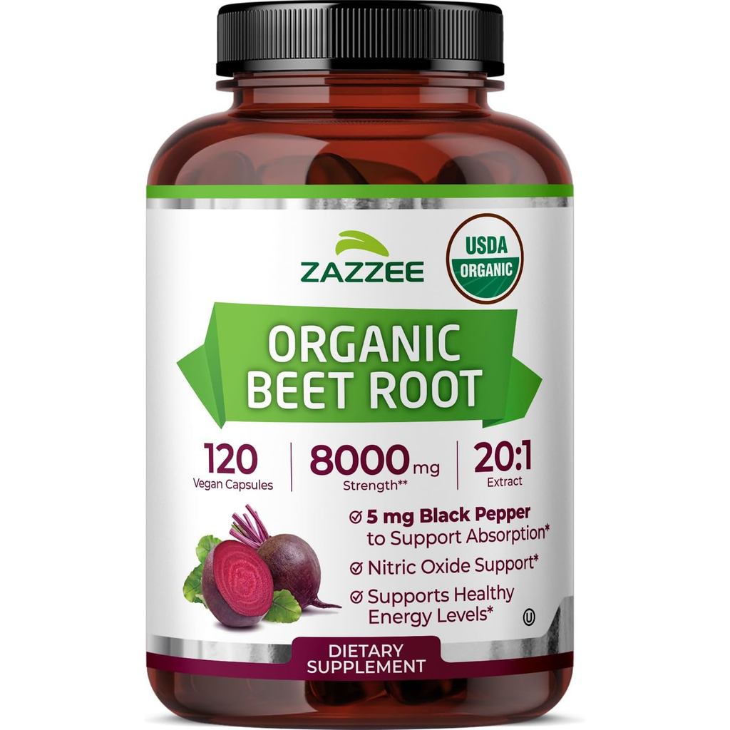 ZazzeeUSDA Organic Beetroot Extract 8,000mg, 201 Vegetarian Quick Release Capsules, Jewish Clean Food Certification, Support Nitric Oxide, Chili Extract Enhanced Absorption, Made in USA.