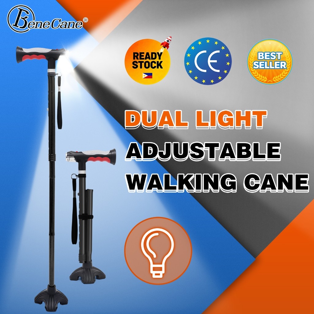 Foldable Walking Stick with Dual LED Light Adjustable Cane Tongkat Lipat Lampu For Elder Seniors