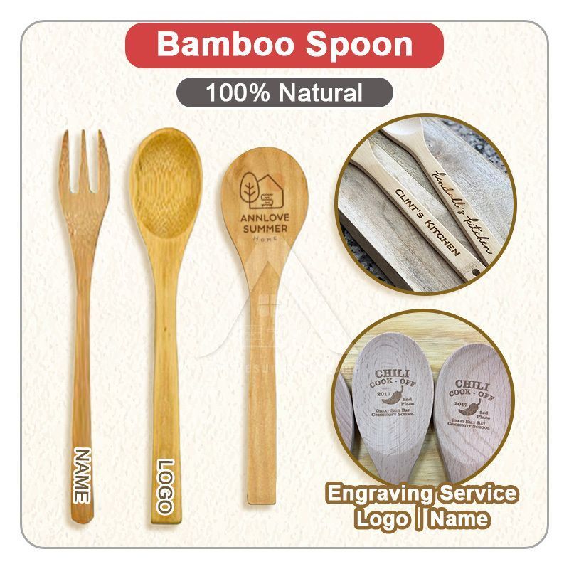 【】Engrave logo serviceSudu Kayu Bamboo Wooden Spoon Kitchen Utensils Dessert Honey Cooking Tools Soup-Teaspoonas