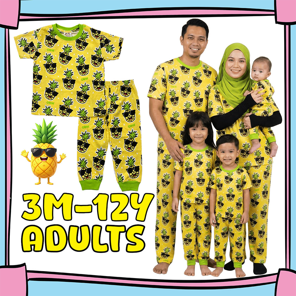 (3M-Adult) OBW YELLOW PINEAPPLE Pajamas Cotton Kids Sedondon Pyjamas Girl Boy Baju Tidur Budak Family Set Plus Size