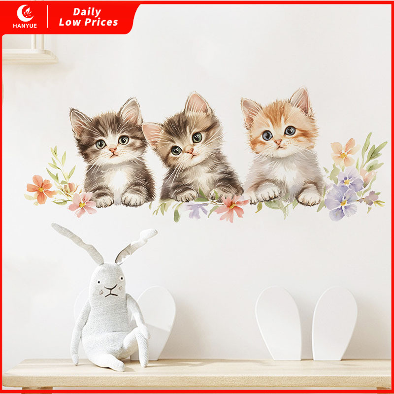 Tiga Anak Kucing Kecil Pelekat Dinding Gambar Comel untuk Bilik Tidur Ruang Tamu Pintu Masuk Dinding Latar Belakang PVC Pelekat Diri Boleh Tanggal