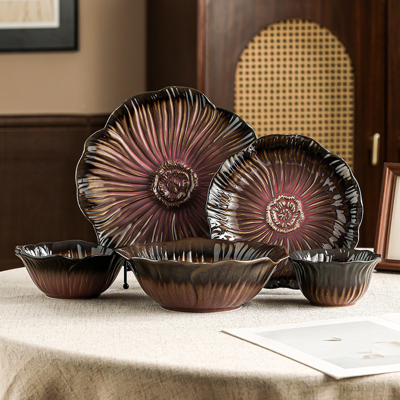 New Color Ceramic Plate Flower Shape European Style Vegetable Plate Green Pink Flower Salad Plate Retro Purple Tableware Set Dishwasher/Microwave P1120