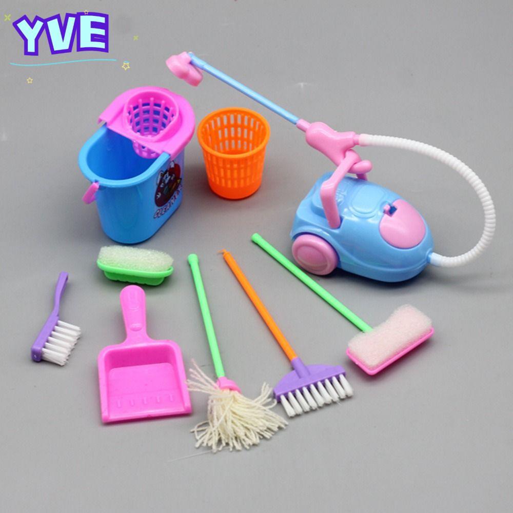 YVE 9Pcs/Set Doll House Cleaning Supplies, Simulation Housework Accessories Miniature Cleaning Tool, Plastic Learn Household Chores Mini Bucket Mop Brush Broom