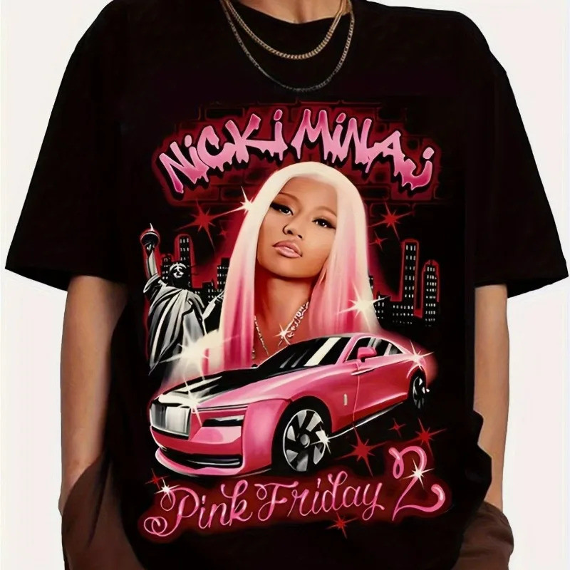 T-Shirt Merchandise Konsert Nicki Pink Tour & Pink Friday 2 - T-Shirt Uniseks Hitam dengan Logo, Potongan Longgar, Kain