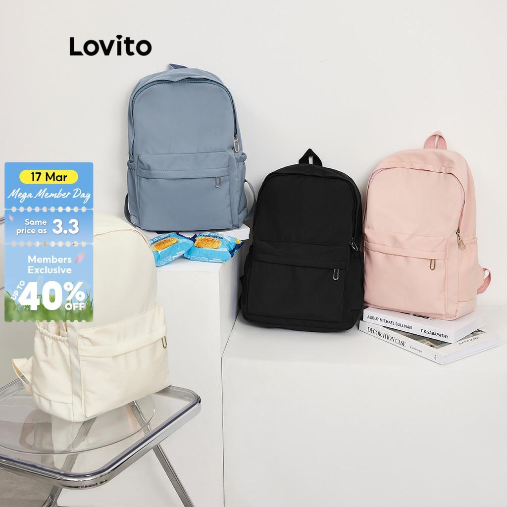 Lovito Preppy Backpack Plain Colorblock Double Shoulder Strap Multi-pocketed Backpacks for Women L41BA05 (White/Pink/Blue/Black)