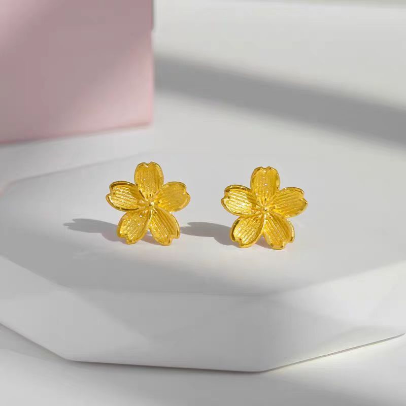 Women style emas 916 subang/916 Gold Cherry Blossom Earrings 916