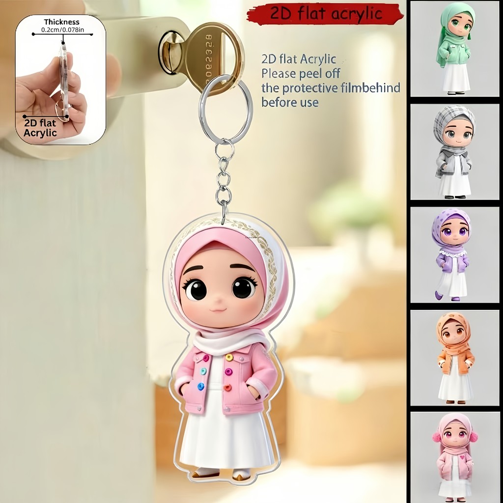 2D Flat Acrylic Muslim Girl Keychain Cartoon Hijab Pendant For Car Keys Backpack Decor Gift