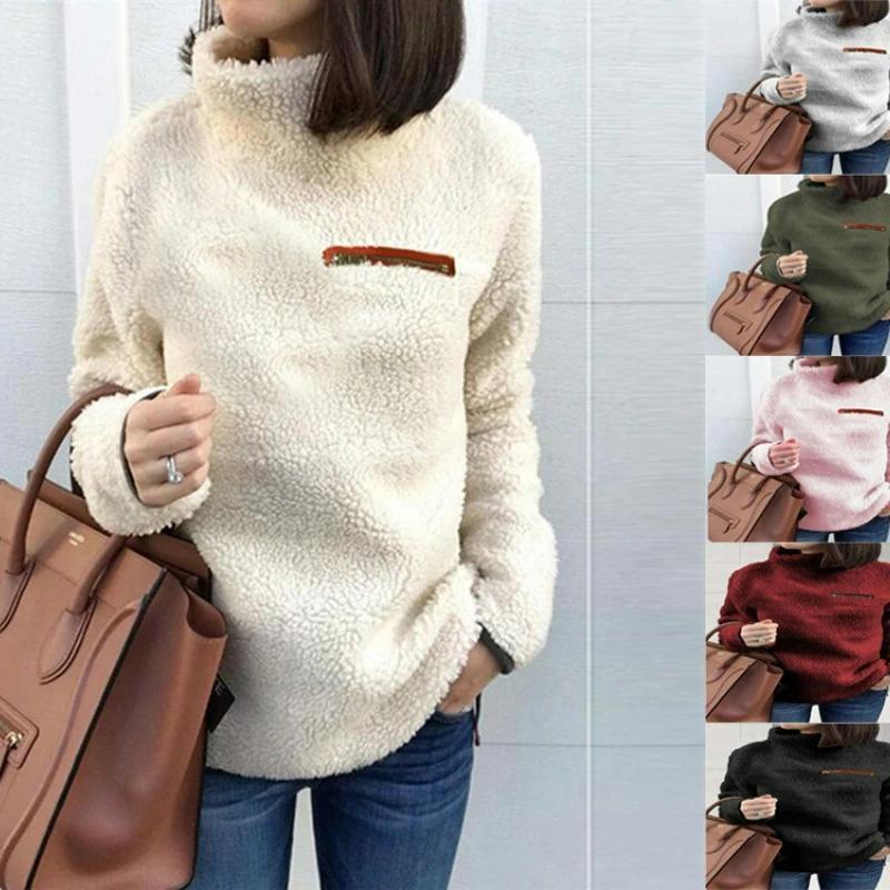 Women's Soft Solid Color Turtleneck Pullover with Fashionable Zipper Detail