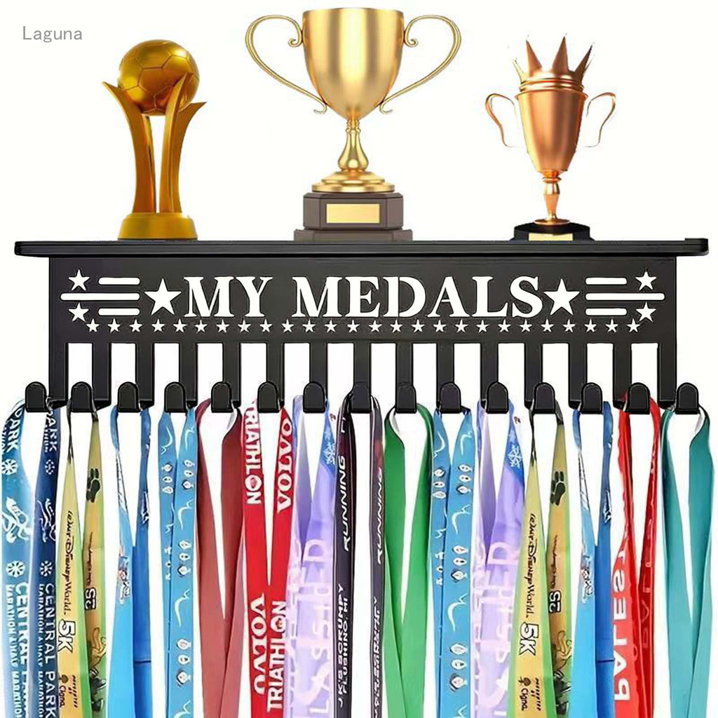 【Laguna】Wall-Mounted Medal Display Rack with 15 Hooks "MY MEDALS" Desig Award Organizer Medal Hanger Holder for Gymnastics, Football, Wrestling, Running Trophies