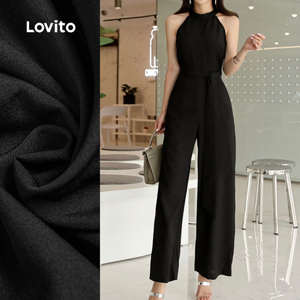 (Elegant) Lovito Jumpsuit Belted Cut Out Spring/summer Black Jumpsuit for Women L143ED031 (New) Lovito Jumpsuit Berikat dengan Potongan Terbuka  Sesuai untuk Musim Bunga/panas Berwarna hitam L143ED031