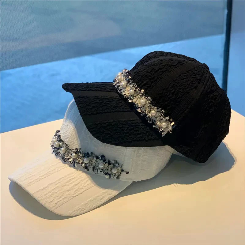 New Style Korean Version Pearl Rhinestone Baseball Hat Female Spring Autumn Fashion Pleated Stripes All-Match Casual Sunshade Peaked Cap