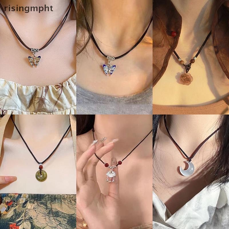 risingmpht] Chinese Style Fashion Retro Braided Rope Nelace Butterfly Flower Moon Safety Lo Pendant Nelace For Women Vintage Jewelry NEW