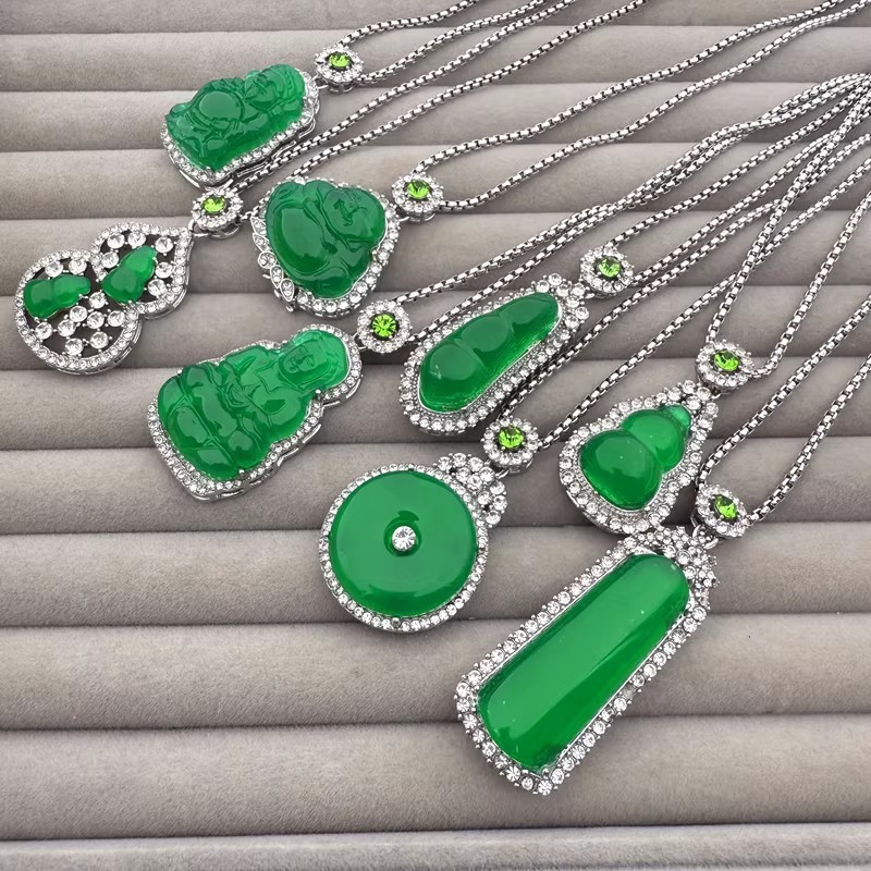 Imitation Chalcedony Wuwu Brand Pendant Imitation Inlaid Jade Green Peace Brand Necklace Classy Female Accessories Ice Jade Gourd Pendant