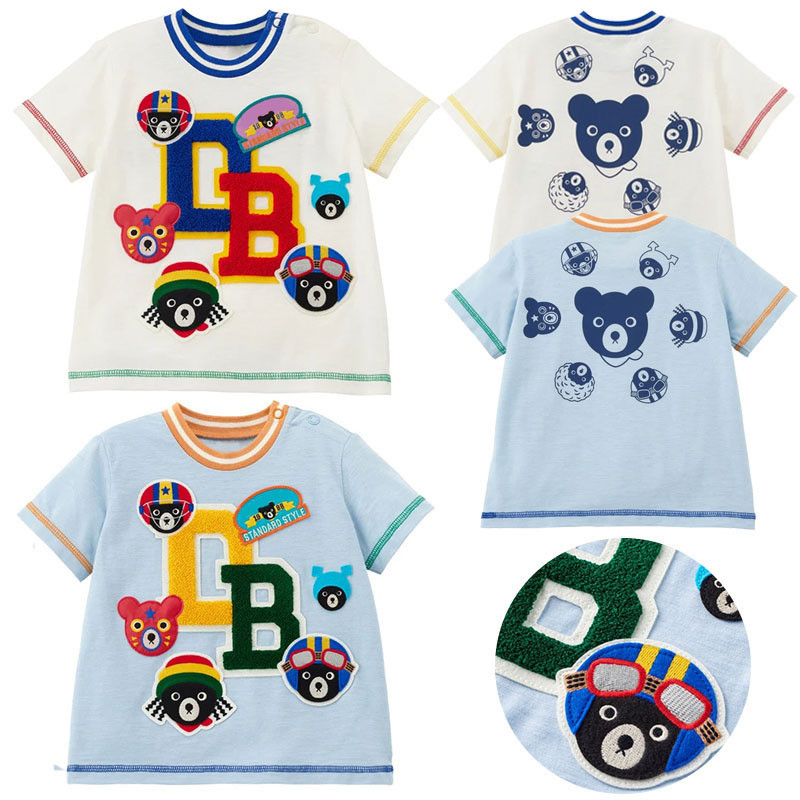 Baby Short-Sleeved Boys Girls Cartoon Black Bear Badge Embroidered Color Matching Short-Sleeved T-Shirt