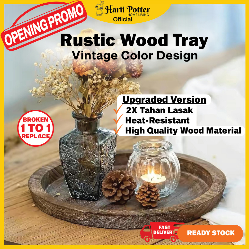 Round Wooden Tray Decor Tray Wood Rustic Decoration Table Aesthetic Dulang Kayu Tray Kayu Candle Holder Dulang Hiasan