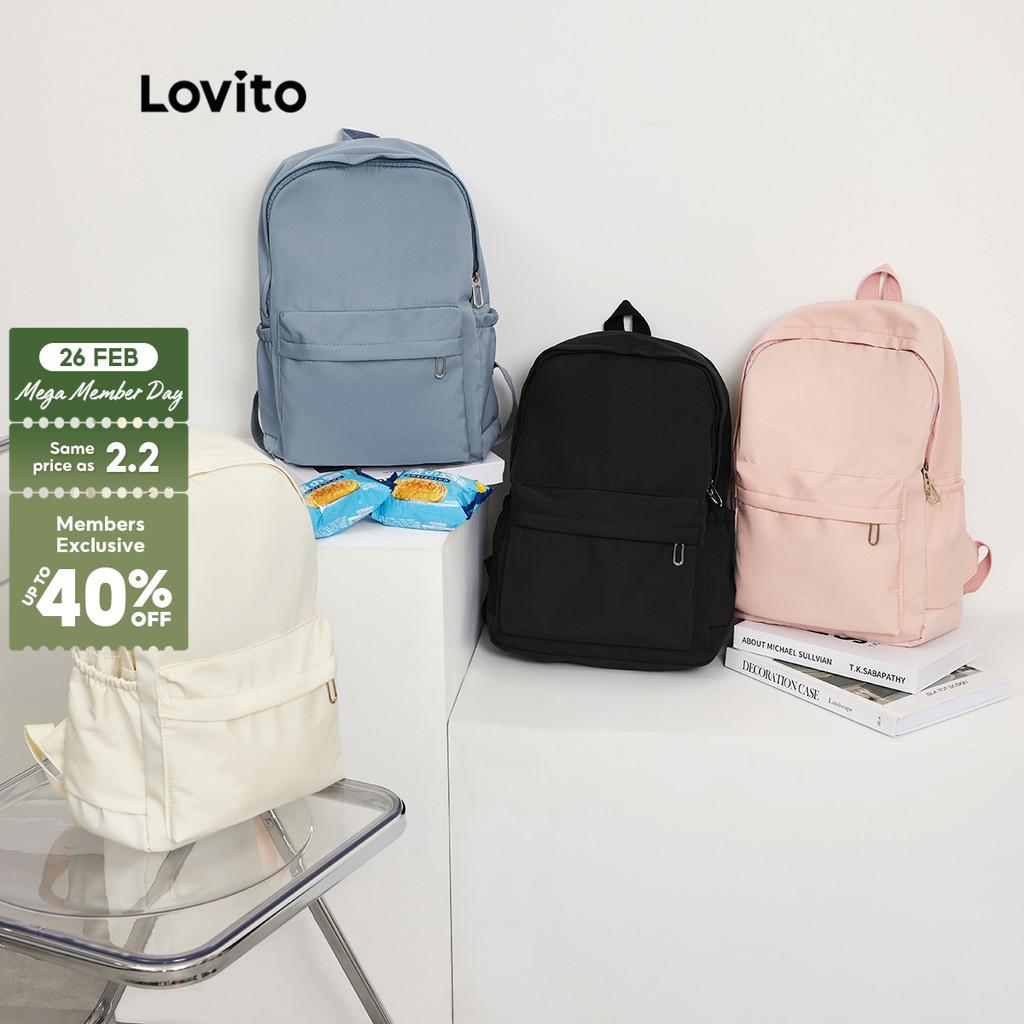 Lovito Preppy Backpack Plain Colorblock Double Shoulder Strap Multi-pocketed Backpacks for Women L41BA05 (White/Pink/Blue/Black)