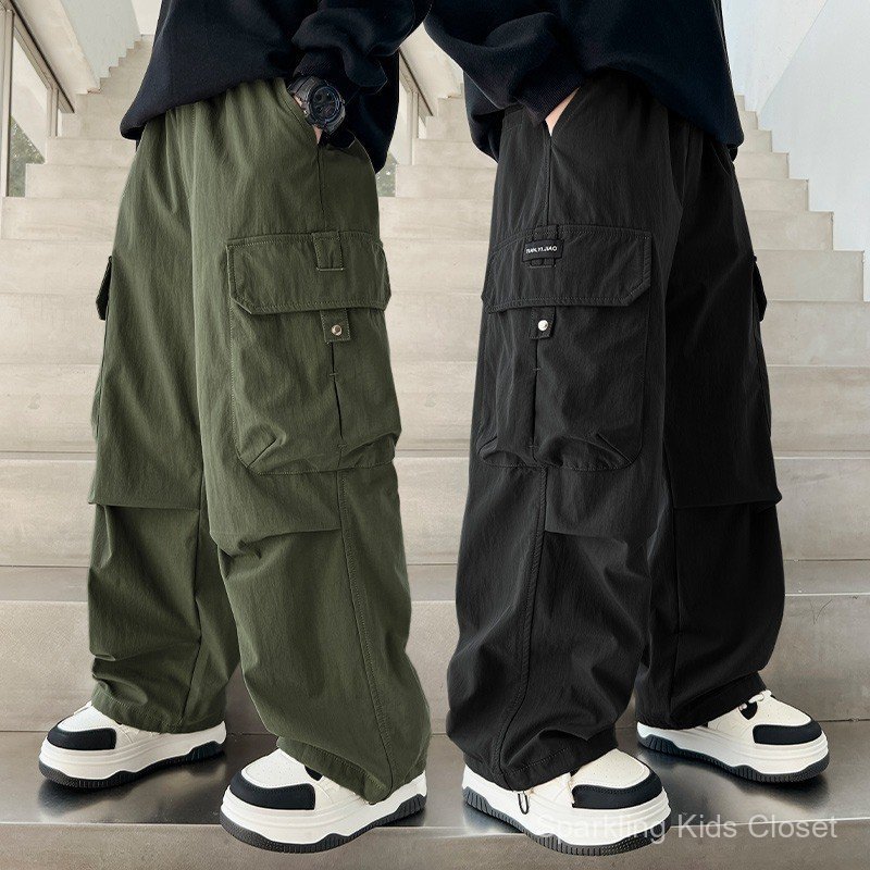 Kids Casual Baggy Cargo Pants, 2 Colors Black Army Green Loose Straight Leg Spring Trousers