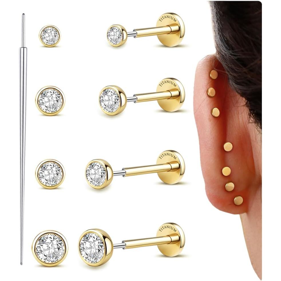 4 Pasang 16G/18G/20G G23 Titanium Implant Grade Nose Studs Tanpa Ulir Anting-Anting Flat Back Hipoalergenik Flatback 5A CZ Cartilage Helix Tragus Conch Perhiasan Tindik Bibir Kecil untuk Wanita