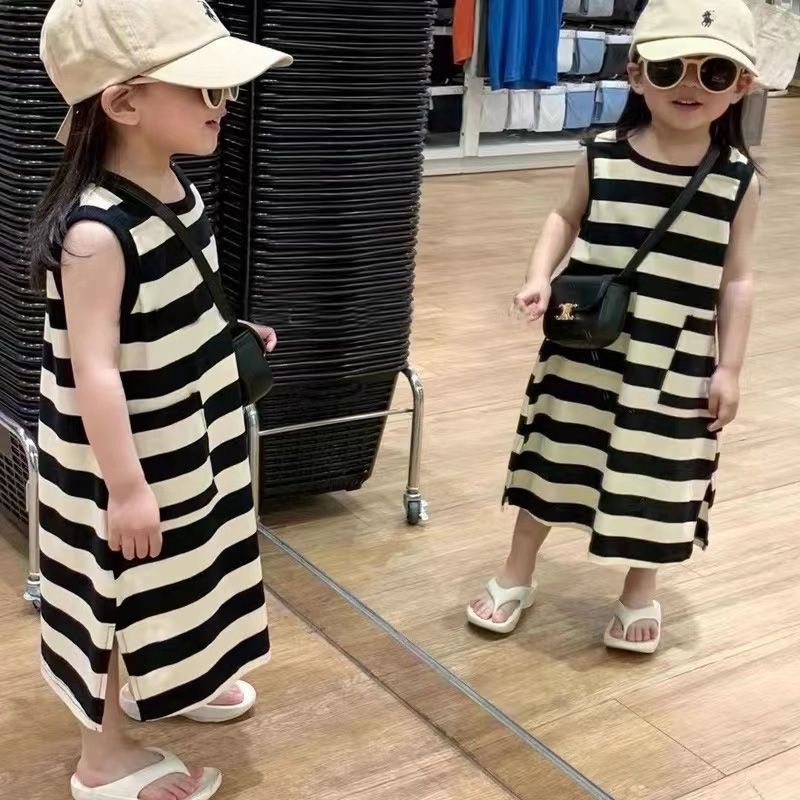 [Limited Time Special Offer] Korean Children's Western Style Striped Dress Summer New Style Summer Outer Wear Middle Small Children Fashion Women's Vest Dress