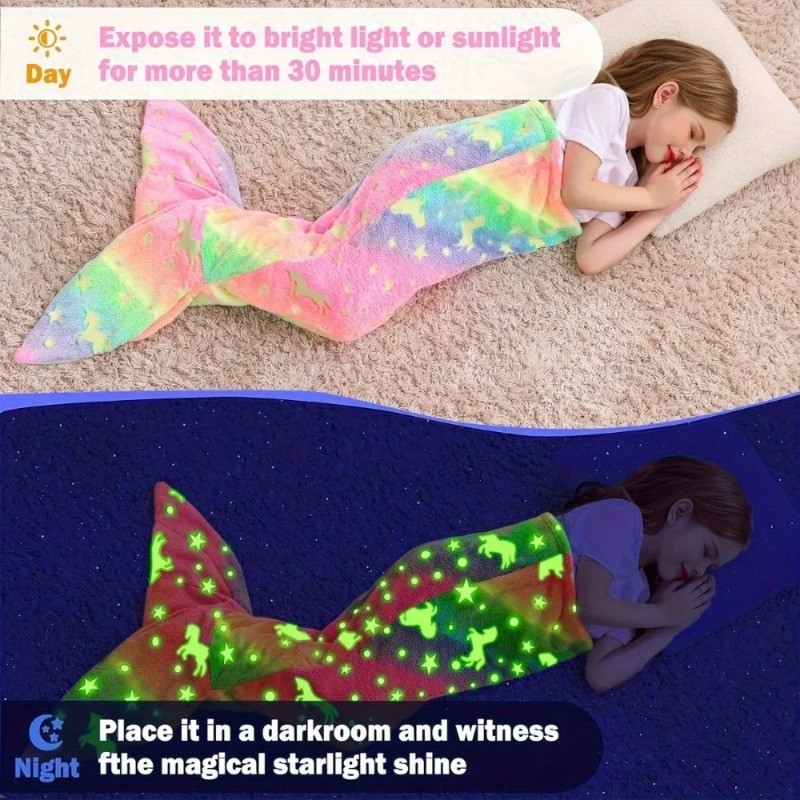 Night Light Cartoon Rainbow Unicorn Mermaid Tail Blanket Children's Cartoon Beauty Fish Tail Performance Costume Gift