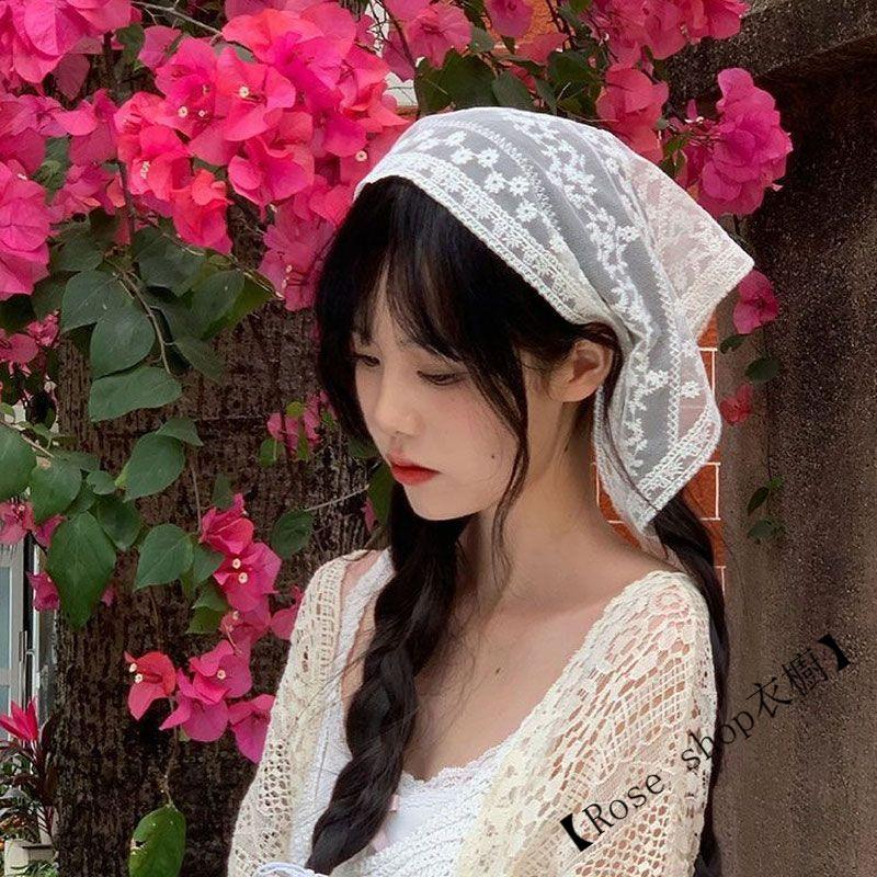 [Taiwan Shipment] Xiaohongshu Lace Veil Triangle Scarf French Art Headscarf Embroidery Spring Summer Silk Fashion Retro Decoration Korean Cute Hair Accessories