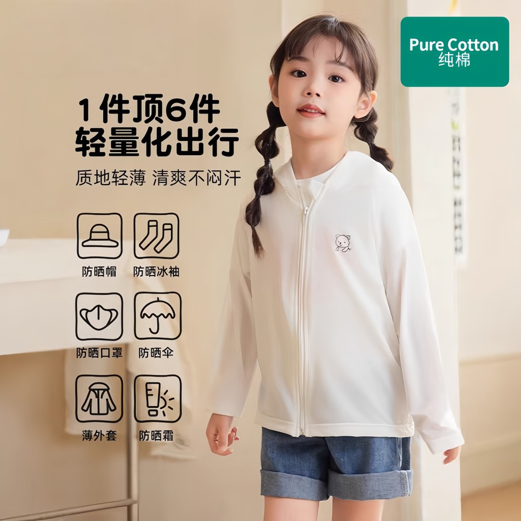 Cotton Children Ice Silk Sunscreen Clothing Spring Summer Thin Jacket Lightweight Breathable Ultraviolet-Proof Boys Girls Hooded Sunscreen Clothing