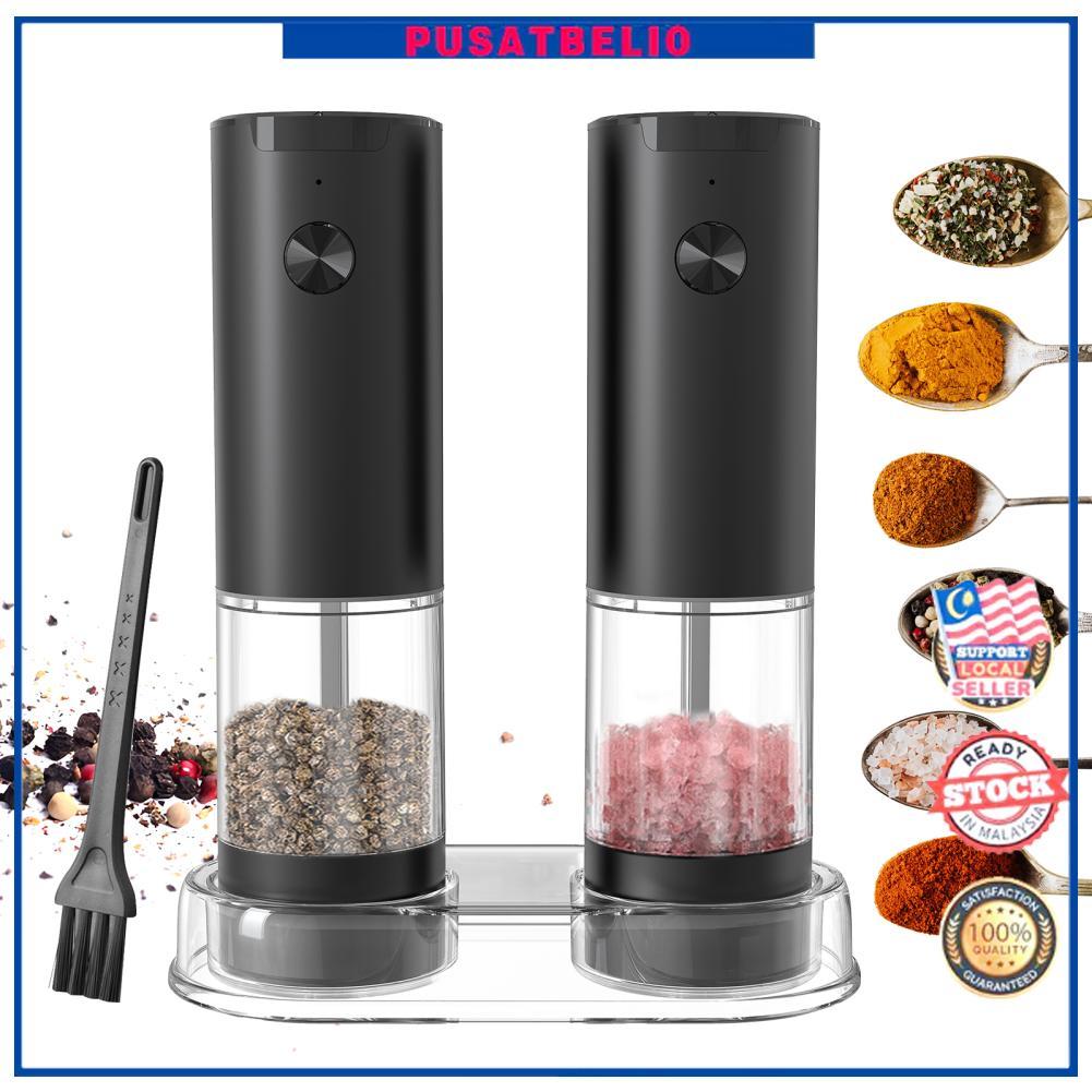 SHUAIGUO Electric Salt and Pepper Grinder Set with Storage Base Refillable Spice Battery Operated 5 Levels Adjustable Mill withBrush for Sea Coarse