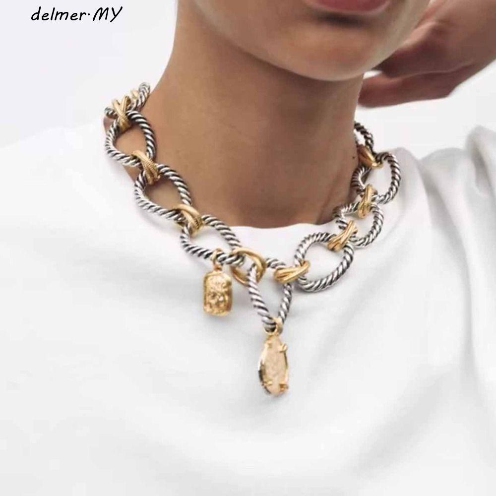DELMER Geometric Pendant, Fashion Double Color Cuban Chain Necklaces, Charm Vintage Metal Gift Circular Choker for Party