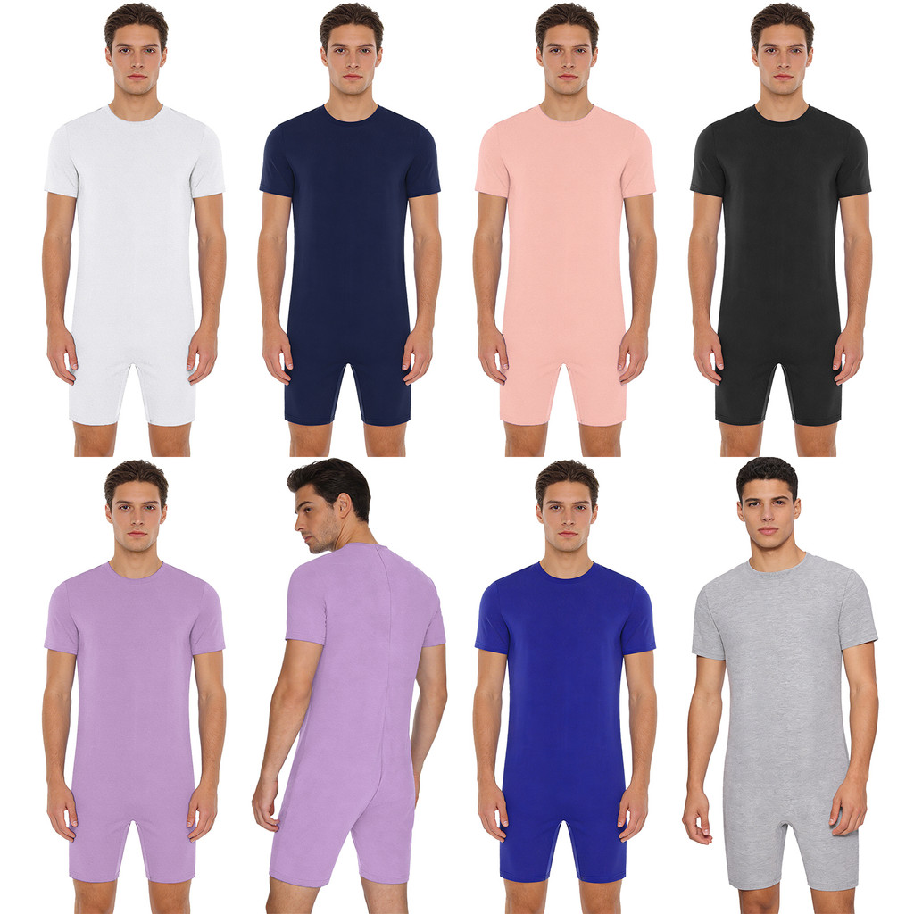 Yeahdor Adults Unisex Anti-strip Adaptive Jumpsuit Crew Neck Short Sleeve Short Bottom Back Zipper One-piece Rompers for Elderly Special Needs Patients