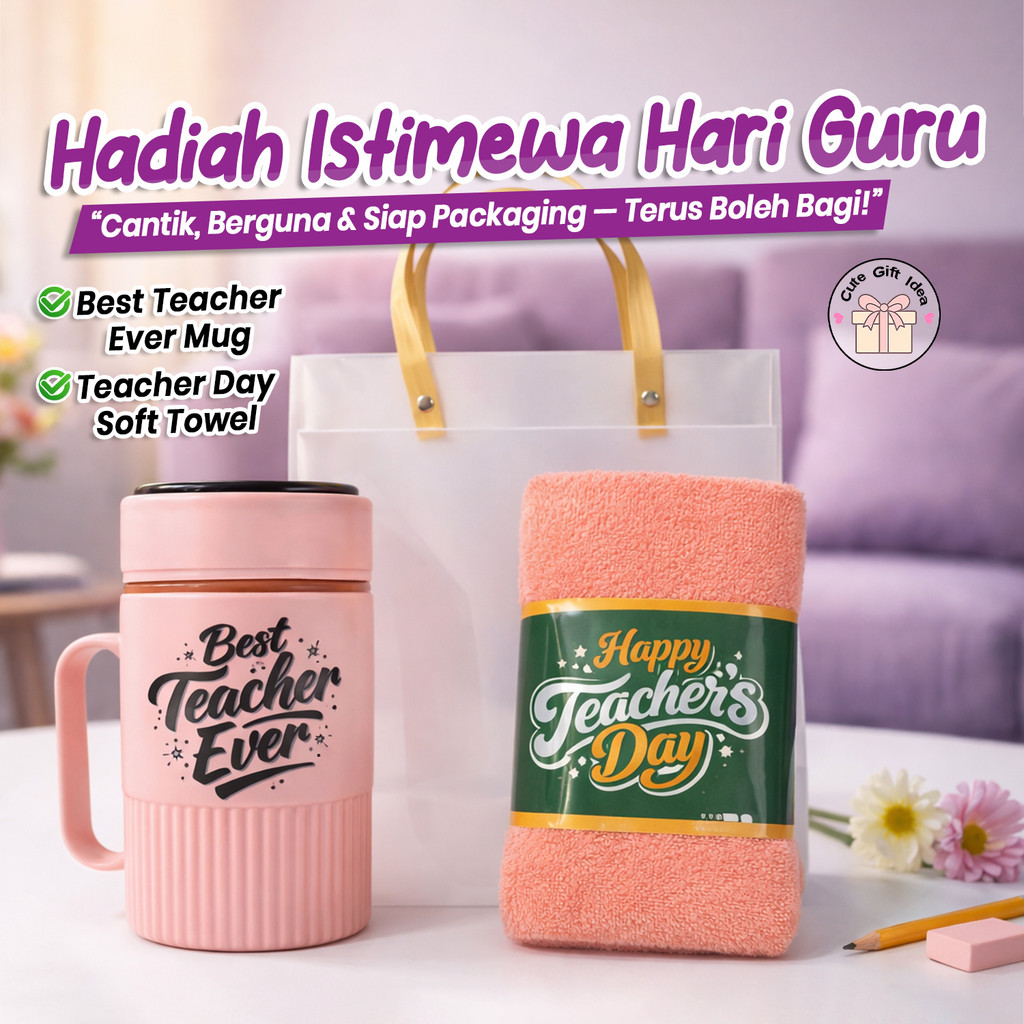 VCR Teacher Day Gift Set Mug Towel Gift Bag Best Teacher Ever Present Hari Guru Hadiah Cikgu Ready Gift