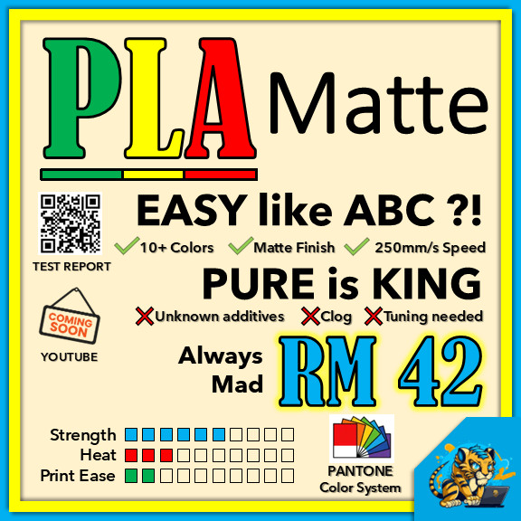 PLA Matte (Harimau3D) Filament 1KG 1.75mm | Matte + Smooth + Easy | Compatible with Bambu, Creality, Qidi, Flashforge