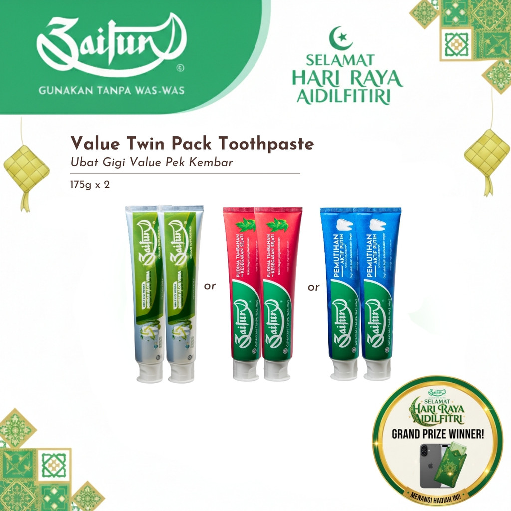 Zaitun Toothpaste - Extra Mint/Whitening/Aloe Vera (175g x 2) Value Twin Pack Ubat Gigi Halal