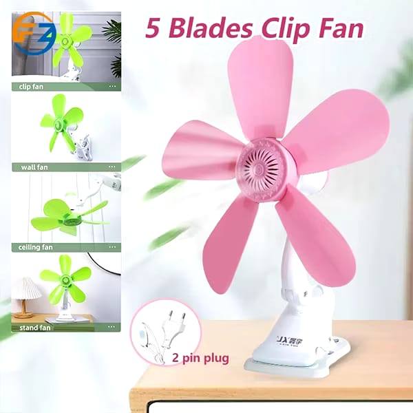 Portable 4in1 5 Soft Blades Adjustable Mini Fan 9W Table Clip Fan Wall Fan Strong Wind 2 Pin Plug Kipas Meja Dinding